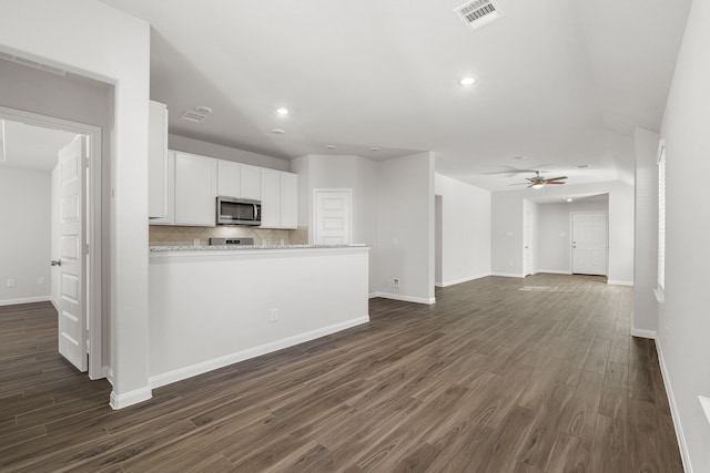 kitchen featuring dark wood-type flooring, white cabinetry, tasteful backsplash, light stone countertops, and kitchen peninsula