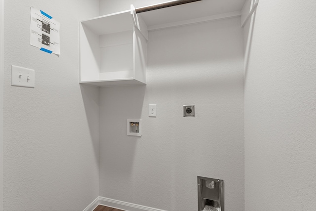 clothes washing area featuring wood-type flooring, electric dryer hookup, and washer hookup