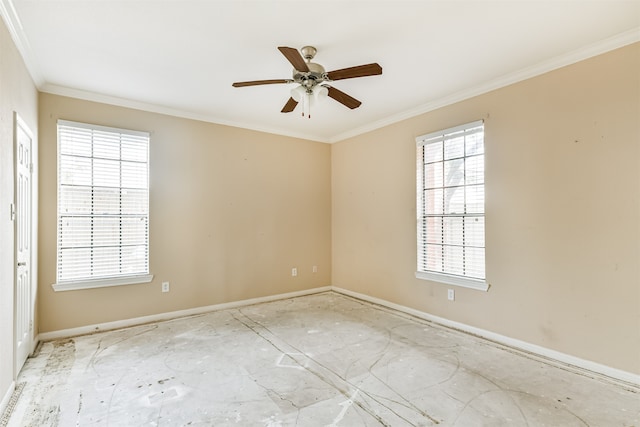 unfurnished room featuring ceiling fan and crown molding