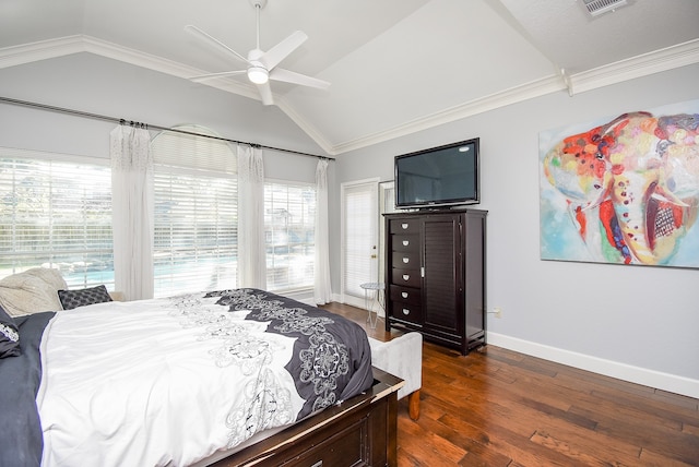 bedroom featuring ceiling fan, crown molding, dark wood-type flooring, and lofted ceiling