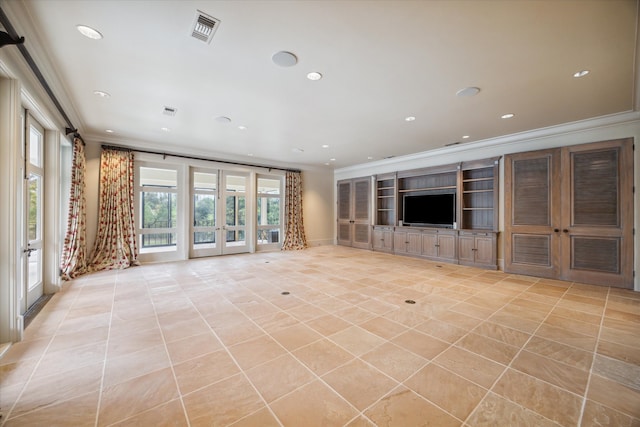 unfurnished living room featuring light tile patterned flooring, ornamental molding, and french doors