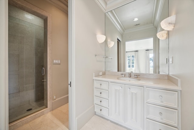 bathroom with tile patterned flooring, vanity, crown molding, and walk in shower