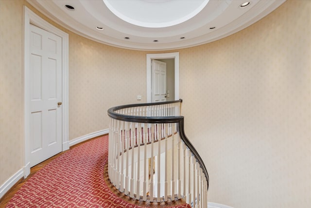 corridor with baseboards, recessed lighting, an upstairs landing, and wallpapered walls