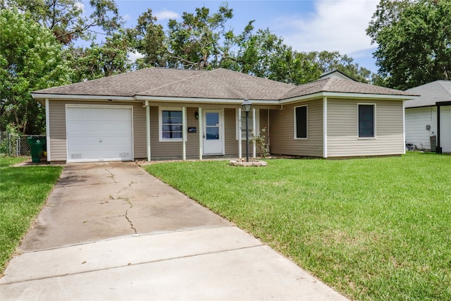 ranch-style home with a garage and a front yard