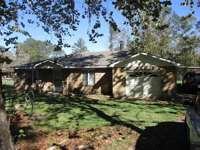 319 River Rd, Goodrich, TX 77335 - ranch-style house featuring a front lawn, brick siding, an attached garage, and a shingled roof