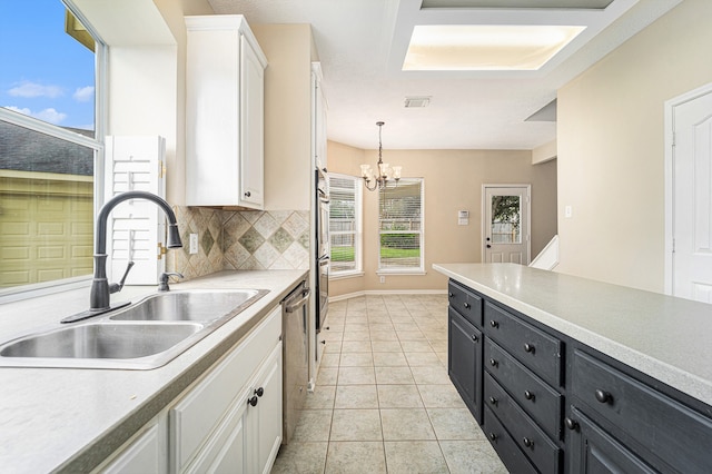 kitchen with dishwasher, sink, hanging light fixtures, tasteful backsplash, and white cabinets