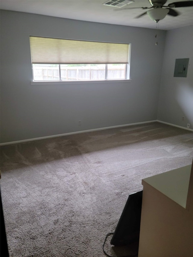 carpeted spare room featuring plenty of natural light, ceiling fan, and electric panel