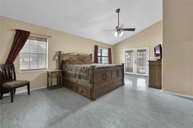 bedroom featuring ceiling fan, access to exterior, french doors, and vaulted ceiling