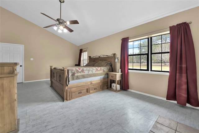 bedroom with ceiling fan and vaulted ceiling