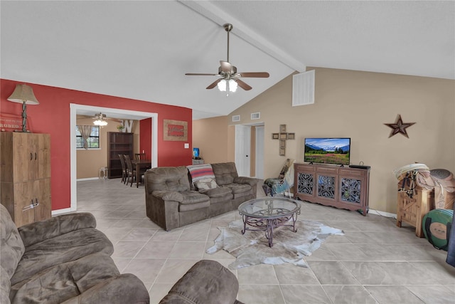 tiled living room with vaulted ceiling with beams and ceiling fan