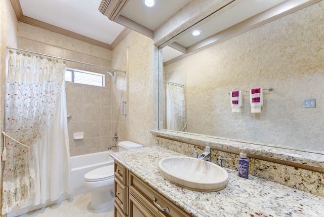 full bathroom featuring tile patterned floors, vanity, crown molding, shower / bathtub combination with curtain, and toilet