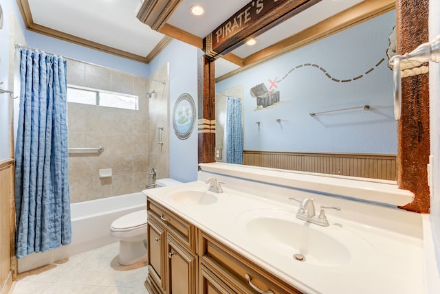 full bathroom featuring shower / bath combo, vanity, tile patterned floors, toilet, and ornamental molding