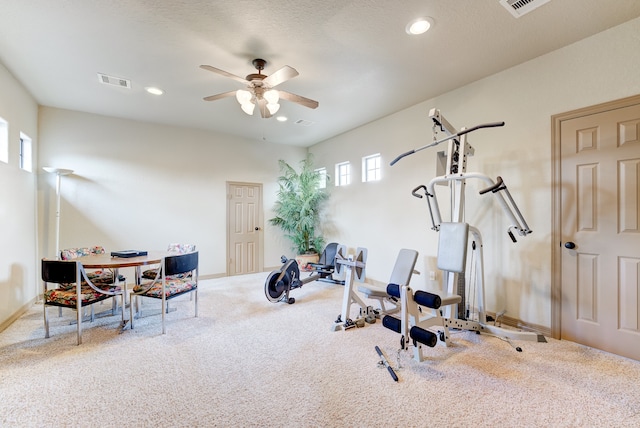 workout room with ceiling fan, carpet floors, and a textured ceiling