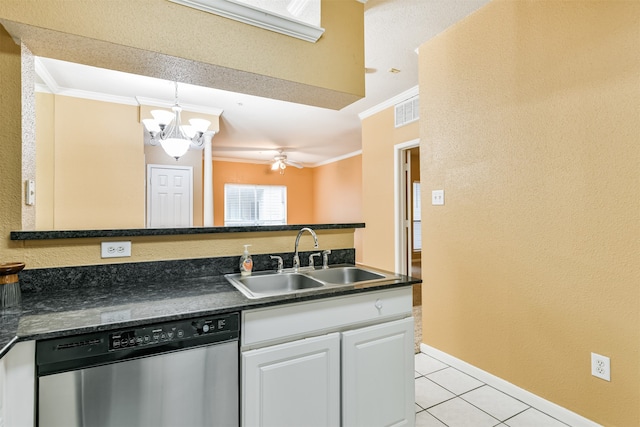 kitchen featuring dishwasher, white cabinets, sink, ornamental molding, and light tile patterned flooring