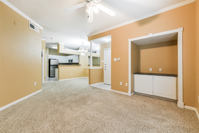 unfurnished living room featuring light colored carpet, ceiling fan with notable chandelier, and ornamental molding