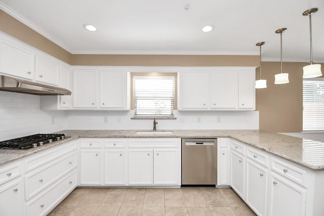 kitchen with white cabinets, stainless steel appliances, hanging light fixtures, and sink