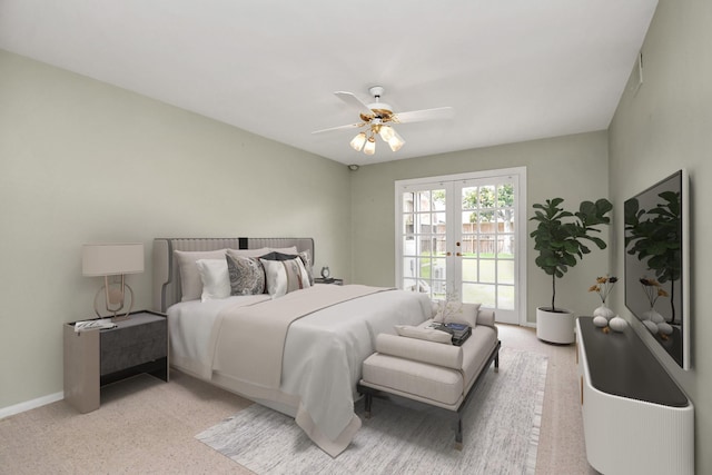 bedroom with ceiling fan and french doors