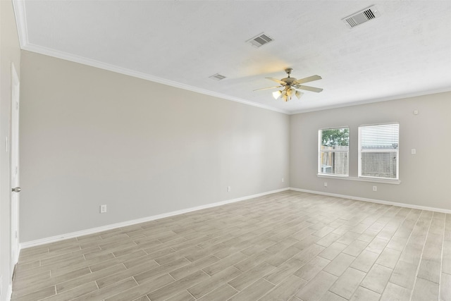 unfurnished room with ceiling fan, light wood-type flooring, and ornamental molding