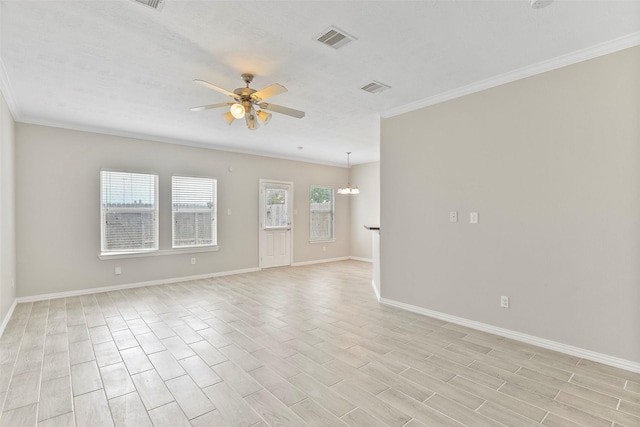 empty room with ceiling fan with notable chandelier, a textured ceiling, light wood-type flooring, and crown molding