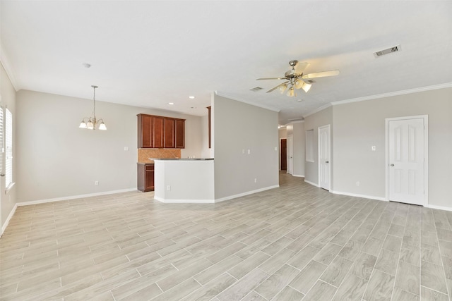 unfurnished living room with ceiling fan with notable chandelier, light hardwood / wood-style flooring, and ornamental molding