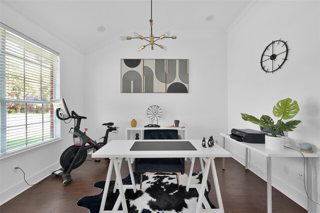 home office with a notable chandelier, dark hardwood / wood-style floors, a healthy amount of sunlight, and crown molding