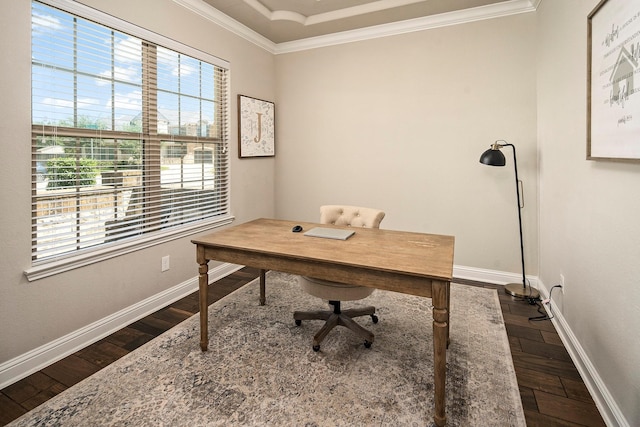 home office with ornamental molding, dark hardwood / wood-style flooring, and a healthy amount of sunlight