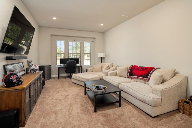 living room featuring light colored carpet