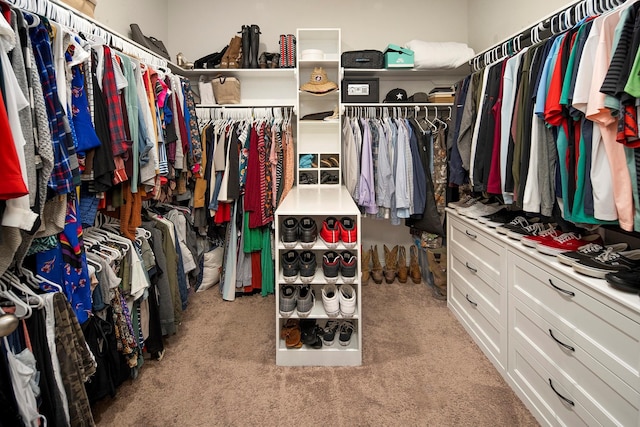 walk in closet featuring light colored carpet