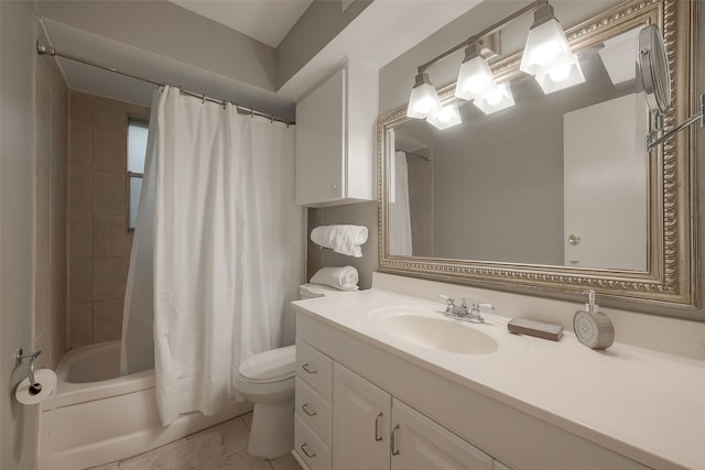 full bathroom with tile patterned flooring, shower / tub combo, vanity, and toilet