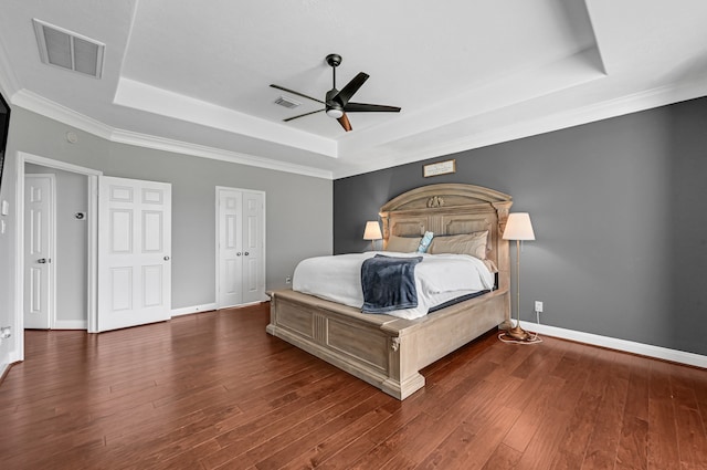 bedroom featuring a raised ceiling, ceiling fan, and dark wood-type flooring