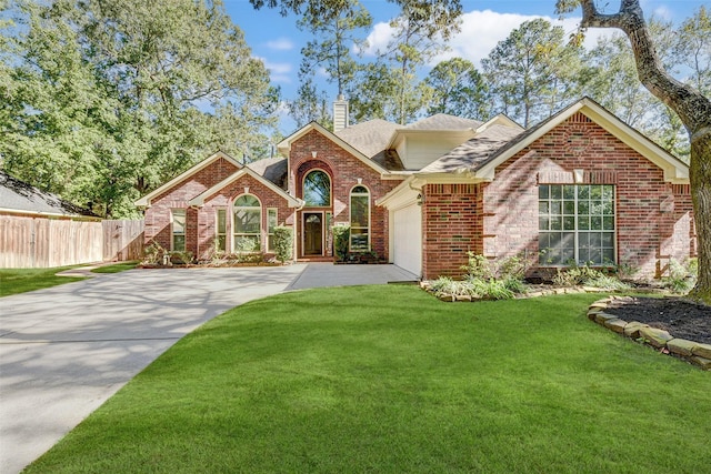 31202 Deerwood Park Ln, Spring City, TX 77386 - traditional home featuring concrete driveway, a garage, a chimney, brick siding, and roof with shingles