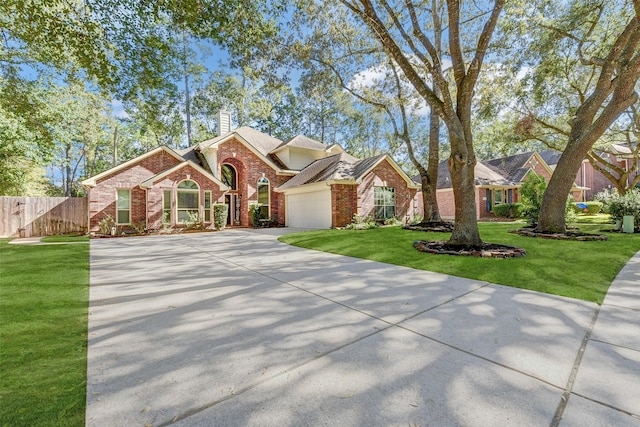 31202 Deerwood Park Ln, Spring City, TX 77386 - view of front of property with driveway, an attached garage, brick siding, and a chimney