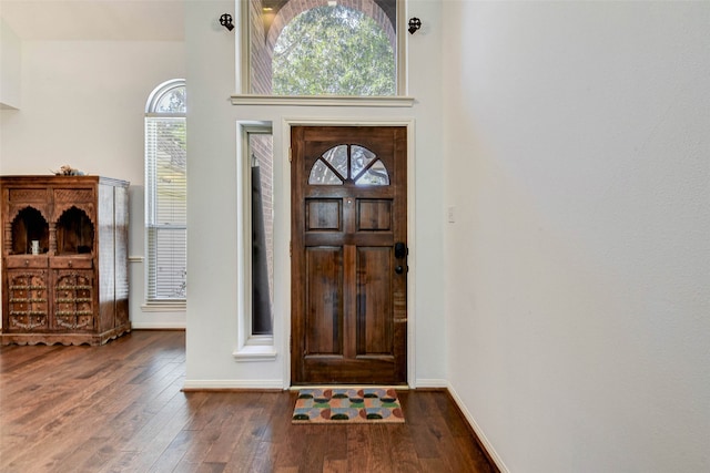 foyer entrance featuring dark hardwood / wood-style flooring and a towering ceiling