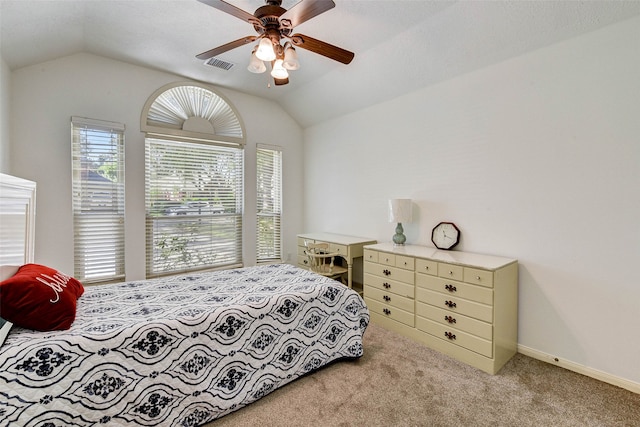 bedroom featuring light colored carpet, ceiling fan, and lofted ceiling