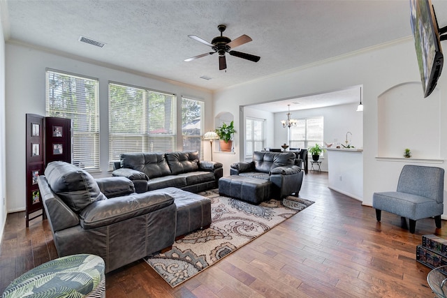 living room featuring dark hardwood / wood-style floors, crown molding, and a textured ceiling