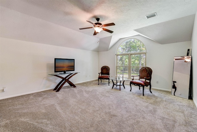 31202 Deerwood Park Ln, Spring City, TX 77386 - sitting room featuring carpet flooring, vaulted ceiling, a textured ceiling, ceiling fan, and baseboards