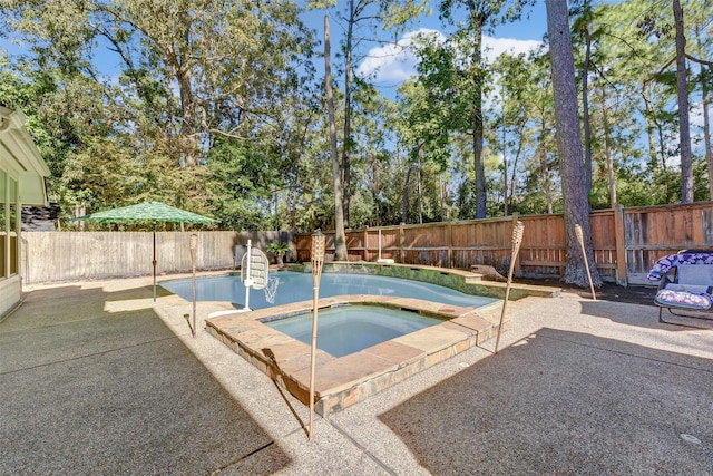 31202 Deerwood Park Ln, Spring City, TX 77386 - view of swimming pool with an in-ground hot tub, a patio, and a fenced backyard