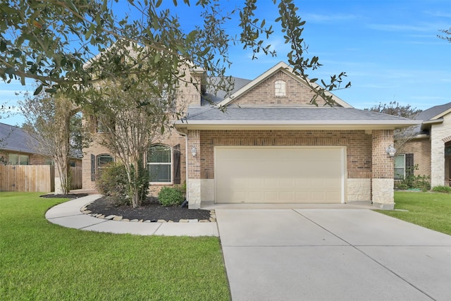 view of front of property featuring a front yard and a garage