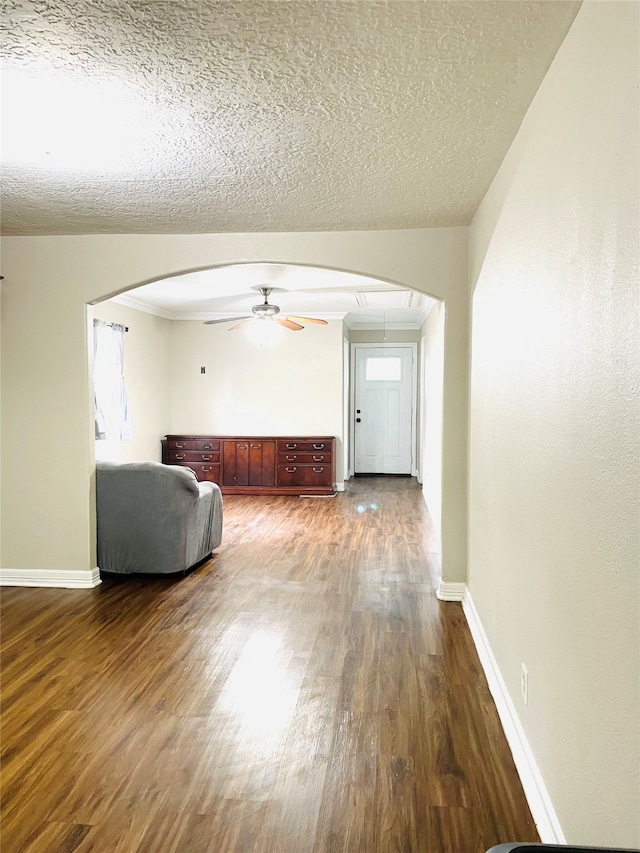 interior space with wood-type flooring, a textured ceiling, and ceiling fan