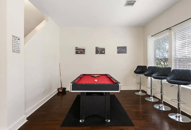 game room featuring dark hardwood / wood-style floors and billiards