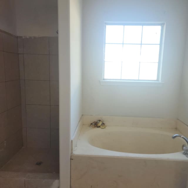 bathroom featuring plus walk in shower