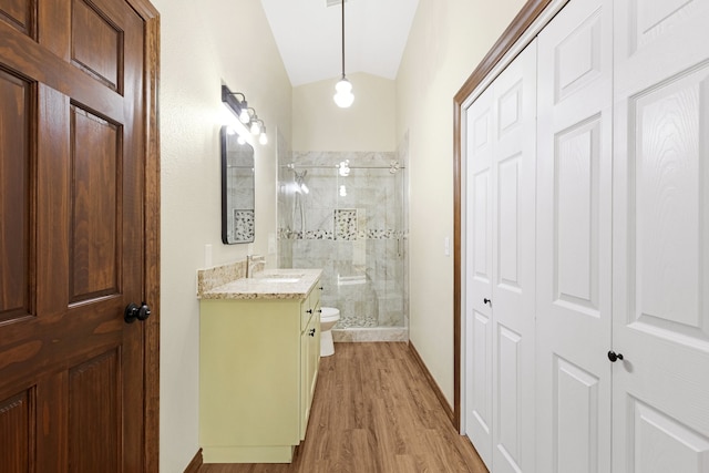 bathroom with vanity, lofted ceiling, hardwood / wood-style flooring, toilet, and a tile shower