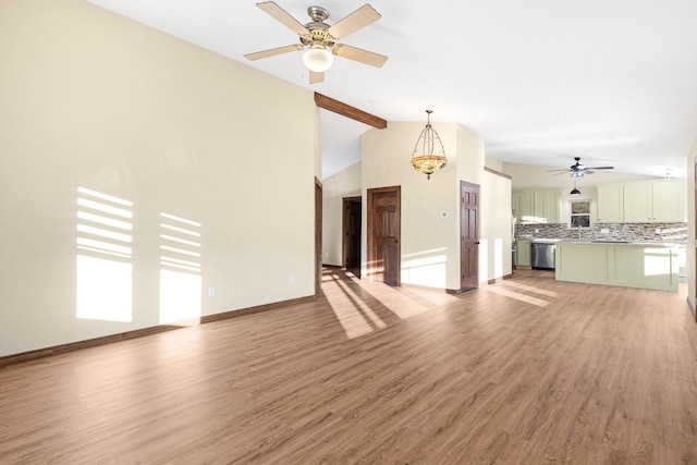 unfurnished living room with lofted ceiling with beams, light hardwood / wood-style floors, and ceiling fan with notable chandelier