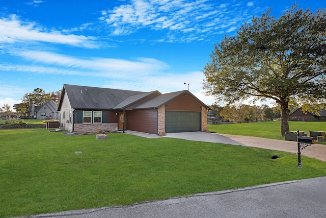 single story home with a garage and a front lawn