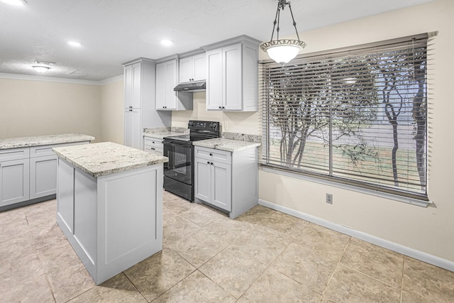 kitchen featuring gray cabinets, a kitchen island, pendant lighting, light stone countertops, and black electric range