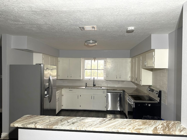 kitchen with sink, a textured ceiling, tasteful backsplash, kitchen peninsula, and stainless steel appliances