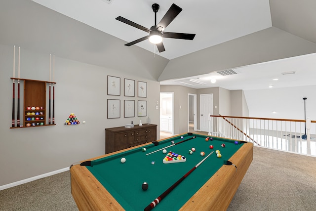 rec room featuring carpet flooring, ceiling fan, vaulted ceiling, and pool table