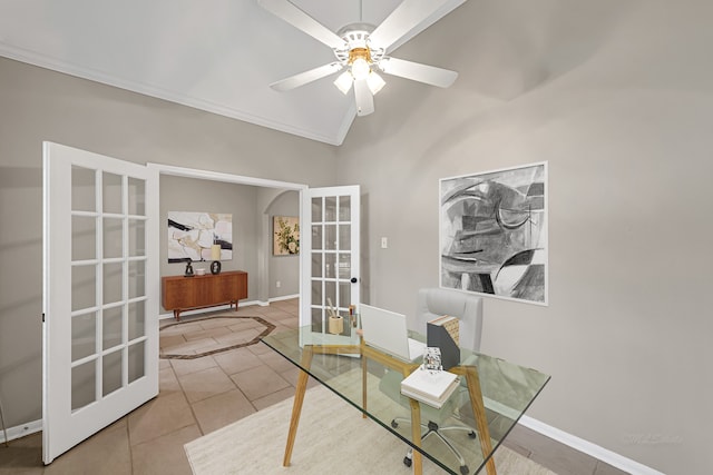 office space featuring french doors, tile patterned floors, ornamental molding, vaulted ceiling, and ceiling fan