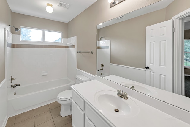 full bathroom featuring tile patterned flooring, vanity, toilet, and tub / shower combination