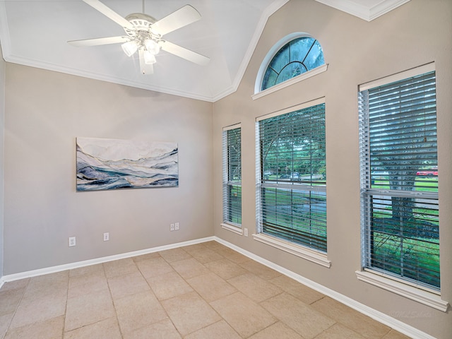 unfurnished room with vaulted ceiling, ceiling fan, and crown molding